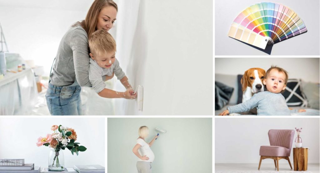 Apeer Colour Choice - Colour Matching Grid - mother painting with baby, rainbow fan, baby and puppy, a jar of flowers, pregnant woman painting, chair and side table